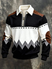 Men's Retro Color Block Print Zip-Up Corduroy Sweatshirt