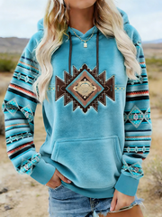 Women's Vintage Western Ethnic Aztec Pattern Casual Cozy Flannel Hooded Sweatshirt