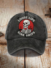 Unisex Loose Lips Sink Ships Embroidery Pattern Washed Hat