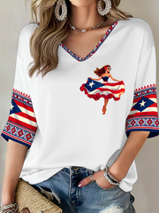 Women's Puerto Rico Printed Mid-length Sleeves V-Neck T-Shirt