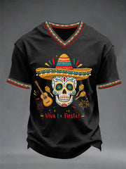 Men's Viva La Fiesta! Skeleton Print Casual V-Neck Tee