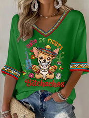 Women's Funny Cinco De Fiesta Bitchachos Dog Print Casual Waffle T-shirt
