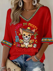 Women's Funny Cinco De Fiesta Bitchachos Dog Print Casual Waffle T-shirt