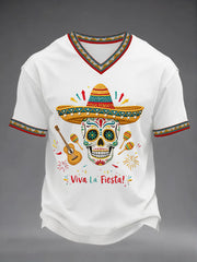 Men's Viva La Fiesta! Skeleton Print Casual V-Neck Tee