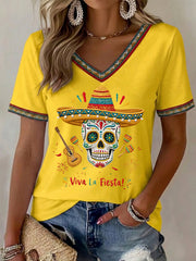 Women's Viva La Fiesta! Skeleton Print Casual V-Neck Tee