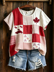 Women's Maple Leaf Checkered Print Casual Tee