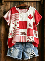 Women's Maple Leaf Checkered Print Casual Tee