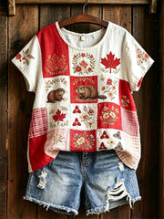 Women's Maple Leaf Checkered Print Casual Tee
