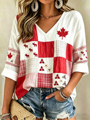 Women's Maple Leaf Checkered Print Casual V-Neck Shirt