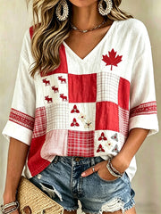 Women's Maple Leaf Checkered Print Casual V-Neck Shirt