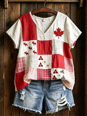Women's Maple Leaf Checkered Print Casual V-Neck Tee