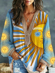 Women's Uruguay 2026 Embroidered Cotton Linen V-Neck Long Sleeve Shirt