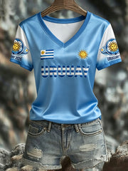 Women's URUGUAY 2026 Football V-Neck Short-Sleeve Silk T-Shirt