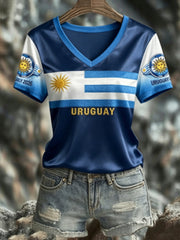 Women's URUGUAY 2026 Football V-Neck Short-Sleeve Silk T-Shirt