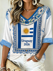 Women's URUGUAY 2026 Football Mid-length Sleeves V-Neck T-Shirt