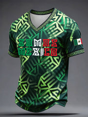Men's Mexico Football Lover Floral Art Printed V-neck T-shirt