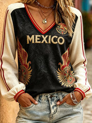 Women's Mexico Football Lover Floral Art Printed Linen T-shirt