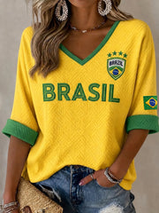 Women's Brazil Football Fan Gift Mid-length Sleeves V-Neck T-Shirt