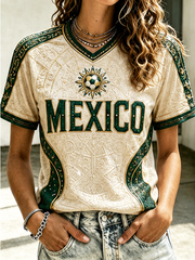 Women's Mexico Football Printed V-neck off-shoulder short-sleeved T-shirt
