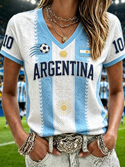 Women's Argentina Football Inspired Pattern Print Short-sleeved T-shirt