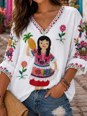 Women's Mexico Guelaguetza Lele Doll Art Printed Linen T-shirt