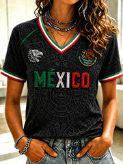 Women's Mexico Football Lover Art V-neck Short Sleeve T-shirt