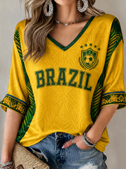 Women's RASIL Printed Mid-length Sleeves V-Neck T-Shirt