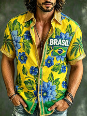 Men's Brazilian Tropical Floral Print Short Sleeve Shirt