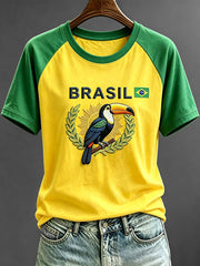 Women's Brazilian Cultural Inspired Flag Print Short Sleeves T-shirt