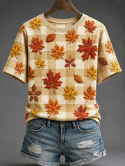 Women's Autumn Theme Maple Leaf Plaid Print T-shirt