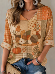 Women's Fall Patchwork Print Casual V-Neck T-Shirt