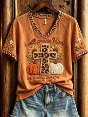 Women's I Will Praise Him in Every Season Cross & Fall Pumpkin Crochet Art Print short-sleeved T-shirt
