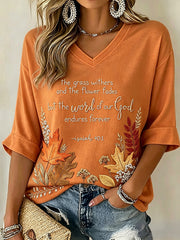 Women's The Word Of Our God Fall Faith Art Print Mid-length Sleeves V-Neck T-Shirt