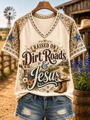 Women's Retro Western Raised On Dirt Roads And Jesus Print Casual V-Neck Tee