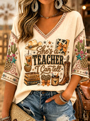 Women's She's From Texas I Can Tell Print Casual V-Neck Tee