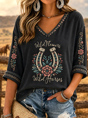 Women's Wildflowers & Wild Horses Print Casual V-Neck Tee