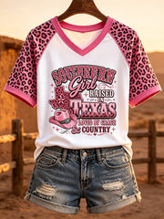 Women's Western Texas Cowgirl Inspired Leopard Print V-neck Short-sleeved T-shirt