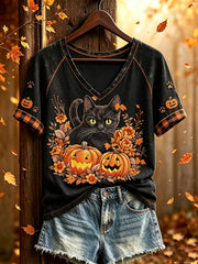 Women's Fall Halloween Cute Animal Pattern Printed Casual Short Sleeve T-Shirt