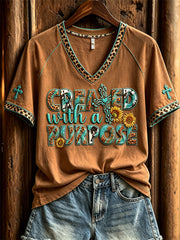 Women's Created with A Purpose Turquoise Cross Western Print short-sleeved T-shirt