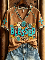 Women's Blessed Turquoise Cowhide Leopard Christian Western Print short-sleeved T-shirt