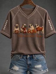 Women's Fall Football Pugs Print V-neck Short-sleeved T-shirt