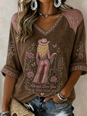Women's Vintage Classic Country Music Inspired Western Print Memorial Mid-length Sleeves V-Neck T-Shirt