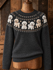 Women's Vintage Cute Bichons & Paws Print Long-sleeved Sweater
