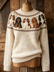 Women's Vintage Cavalier Dogs Yoke Isle Print Cozy crew neck sweater