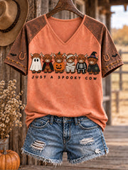 Women's Western Halloween Cows Art Printed T-shirt