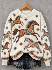Women's Vintage Horse Art Print Crew Neck Sweater