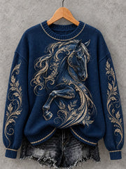 Women's Vintage Horse Art Print Crew Neck Sweater