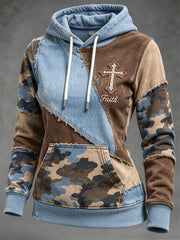 Women's Faith-Themed Color Block Patchwork Design Casual Hoodie