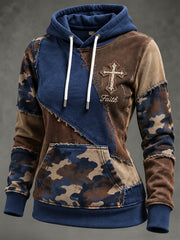 Women's Faith-Themed Color Block Patchwork Design Casual Hoodie