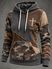 Women's Faith-Themed Color Block Patchwork Design Casual Hoodie